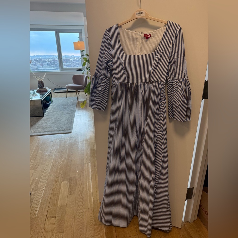 STAUD Navy and White Striped Long Sleeve Dress